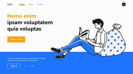 Young man reading magazine. Guy with newspaper relaxing at home flat illustration. Daily news, media, journal concept for banner, website design or landing web pageの写真素材