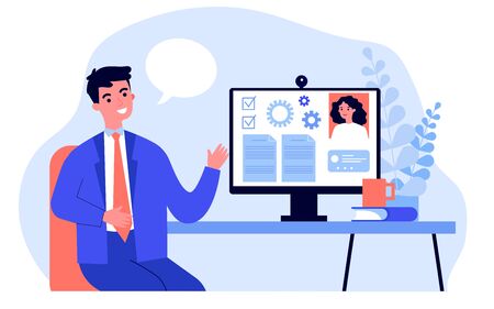 Business colleagues chatting online and discussing project. App for work, conference call, workflow flat vector illustration. Teamwork, lockdown concept for banner, website design or landing web pageのイラスト素材