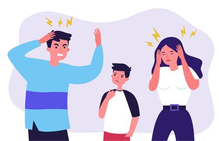 Man and woman tired of migraine. Cartoon people suffering from headache flat vector illustration. Depression and headache concept for banner, website design or landing web pageのイラスト素材