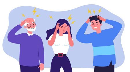 Stressed people suffering from headache, holding head. Sad men and woman tired of their migraine. Vector illustration for pain, depression, stress, healthcare, sickness, disease conceptのイラスト素材