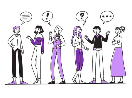 Group of people talking to each other. Men and women chatting with dialog bubbles and gestures. illustration for communication, conversation, discussion conceptの写真素材