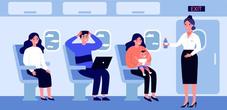 Woman with screaming baby travelling by plane. Stressed passengers, stewardess with water flat vector illustration. Transportation, tourism concept for banner, website design or landing web pageのイラスト素材
