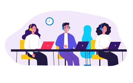 Smiling call center operators in office flat vector illustration. Cartoon characters with headsets and laptops supporting customers. Company support service and hotline conceptのイラスト素材