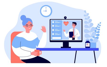 Senior lady consulting doctor online. Old patient having conference chat with physician flat vector illustration. Consultation, lockdown concept for banner, website design or landing web pageのイラスト素材