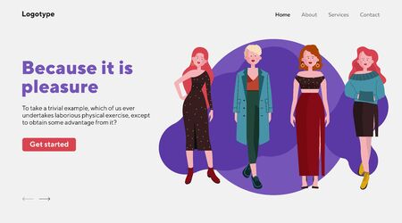 Women of different looks set. Outfit, casual clothes flat illustration. Fashion store, clothing trends, urban style concept for banner, website design or landing web pageの写真素材
