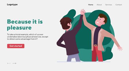 Male high five. Happy male friends or partners clapping hands flat illustration. Partnership, teamwork, friendship, success concept for banner, website design or landing web pageの写真素材