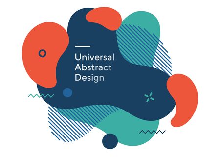 Playful irregular blots. Universal dynamical design, straight lines. Turquoise and blue background with orange blobs, white text. Template for promo poster, flyer or banner.の写真素材