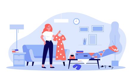 Young girl packing bag for travel flat vector illustration. Cartoon lady choosing clothes for trip, standing near open suitcase. Preparation and vacation conceptのイラスト素材