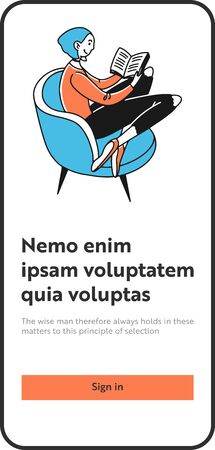 Hipster girl reading book. Teen sitting in armchair with book flat illustration. Library, education, book reader, mobile app concept for banner, website design or landing web pageの写真素材