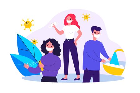 People practicing hygiene for protection from coronavirus. Men and women wearing face masks, washing and sanitizing hands. Vector illustration for coronavirus, disease prevention, guide conceptのイラスト素材