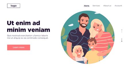 Happy young parents and two children standing together. Family couple with kids flat illustration. Unity, bonding, parenthood concept for banner, website design or landing web pageの写真素材