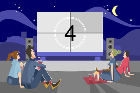 People watching movie outdoors in evening. Couples dating in open air cinema theater and sitting at big screen. Vector illustration for night, weekend, entertainment, romance conceptのイラスト素材