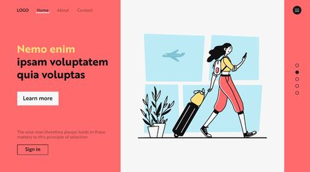 Passenger with smartphone wheeling luggage. Airport, airplane, woman flat illustration. Travel, flight, communication concept for banner, website design or landing web pageの写真素材