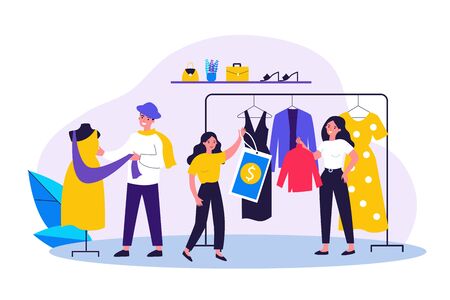 Shop sellers and assistance hanging clothes and price tags on racks. Main master designer dressing mannequin. Vector illustration for boutique, fashion house, industry, clothing design conceptのイラスト素材