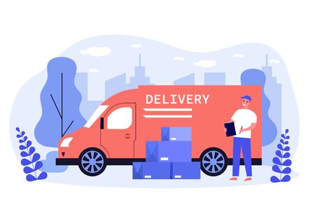 Shipping, transportation, delivery, cargo concept. Positive courier or postman standing near his truck and heap of boxes. Flat vector illustrationのイラスト素材