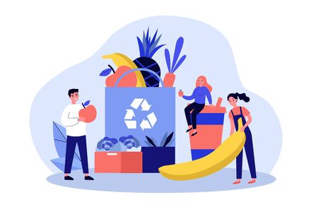 People putting organic food into eco friendly bag with recycling sign. Shoppers with fresh fruits and plastic cup. Vector illustration for sustainable development, zero waste, reuse conceptのイラスト素材