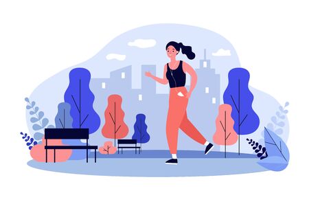 Jogger wearing headphones running down pathway outdoors. Woman training in city park in morning. Vector illustration for health, lifestyle, sport, activity conceptのイラスト素材