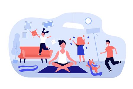 Hyperactive adorable children and pet making chaos in room. Calm mother keeping zen gesture and meditating. Vector illustration for mischievous kids, quarantine, motherhood conceptのイラスト素材