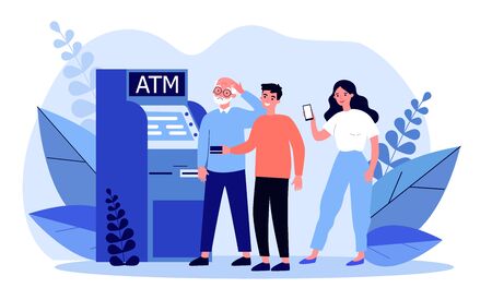 People helping senior man at ATM. Puzzled grandpa, credit card, mobile app using flat vector illustration. Old people support, banking concept for banner, website design or landing web pageのイラスト素材