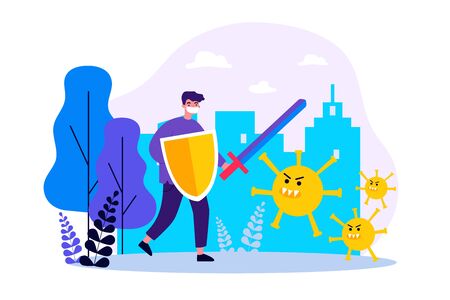 Brave man wearing medical face mask, holding shield and sword, fighing against virus cartoon character. Vector illustration for coronavirus, protection, epidemic, pandemic conceptのイラスト素材