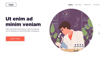 Scientist with microscope studying samples. Man in white coat, test tubes in lab flat illustration. Laboratory, chemistry, medical test concept for banner, website design or landing web pageの写真素材