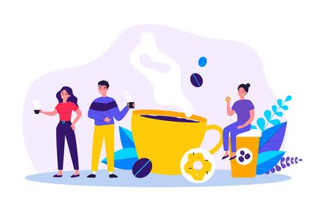 People at coffee break flat vector illustration. Tiny man and women relaxing, talking and drinking coffee. Communication and office experience conceptのイラスト素材