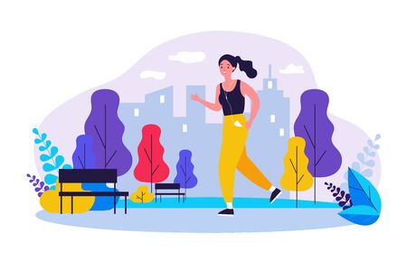 Jogger wearing headphones running down pathway outdoors. Woman training in city park in morning. Vector illustration for health, lifestyle, sport, activity conceptのイラスト素材