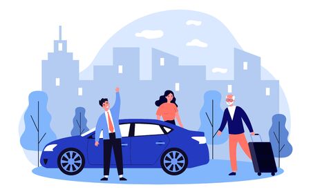 Positive grandpa going on vacation. Old man walking to car and wheeling suitcase flat vector illustration. Car sharing or senior parents support concept for banner, website design or landing web pageのイラスト素材