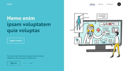 Patient visiting his physician online. Man using internet service and talking to doctor flat illustration. Health, support, healthcare concept for banner, website design or landing web pageの写真素材