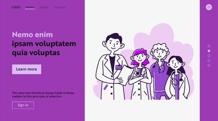 Hospital doctor staff. Team of physicians in white coats and scrubs with stethoscopes flat illustration. Medicine, occupation, clinic concept for banner, website design or landing web pageの写真素材