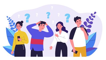 Concerned people solving problem. Depressed guys and girls looking for answers flat vector illustration. Challenge and question concept for banner, website design or landing web pageのイラスト素材