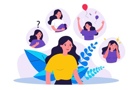 Woman suffering from mood changes. Female character feeling various emotions, celebrating, crying, getting distracted. Vector illustration for behavior disorder, stress, mental disease conceptのイラスト素材