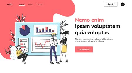 Marketing team analyzing graphs on presentation board. Managers making reports, diagrams flat illustration. Business, marketing, analysis concept for banner, website design or landing web pageの写真素材
