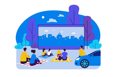Outdoor cinema theater big screen. Friends and dating couples watching open air movie at night. Vector illustration for evening leisure, vacation, weekend conceptのイラスト素材