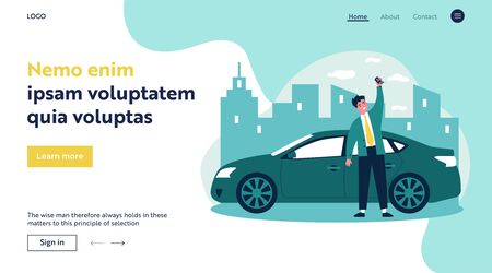 Happy young man leasing car flat vector illustration. Driver holding in hand keys to his new vehicle. Dealer making presentation for modern auto. Transport and lease conceptのイラスト素材