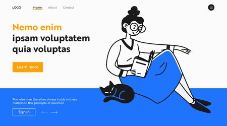 Nerdy student girl in big glasses relaxing at home. Woman with cat. reading book flat illustration. Learning, studying, book lover concept for banner, website design or landing web pageの写真素材