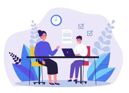 Female teacher checking task of student. Teenager learning with tutor flat vector illustration. Education and examination concept for banner, website design or landing web pageのイラスト素材