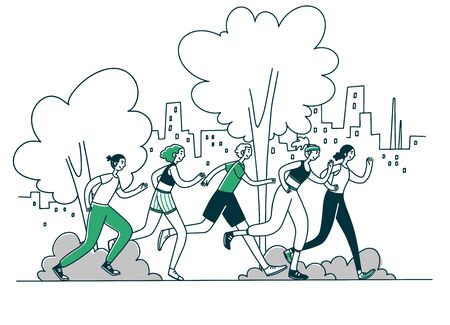 Athletes running marathon. Group of active people jogging in park flat illustration. Activity, healthy lifestyle, morning exercise concept for banner, website design or landing web pageの写真素材