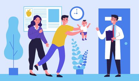 Parents going to doctor with their child. Physician greeting patient and baby crying flat vector illustration. Healthcare and hospital concept for banner, website design or landing web pageのイラスト素材
