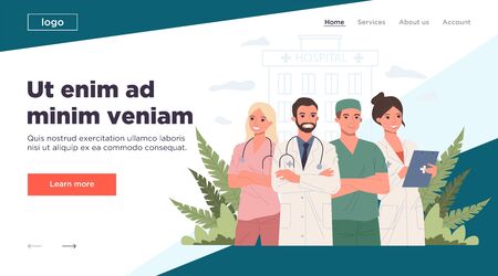 Hospital doctor staff. Physician, practitioner with stethoscope, surgeon flat illustration. Healthcare, medicine, clinic, occupation concept for banner, website design or landing web pageの写真素材