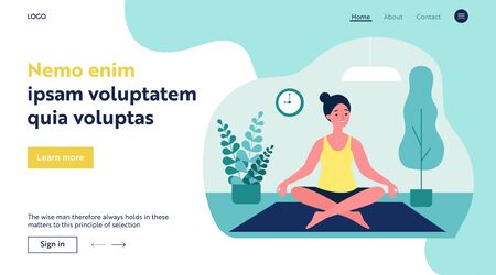 Woman doing morning yoga at home flat vector illustration. Female character sitting in calm posture. Wellness, healthcare and lifestyle conceptのイラスト素材
