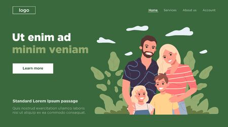 Young family with two kids standing together. Happy couple, boy, girl flat illustration. Togetherness, love, parenthood concept for banner, website design or landing web pageの写真素材
