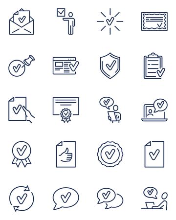 Check marks thin line icons set. Approval checkmarks and stamps for agreements, certificates and legal documents isolated vector illustration collection. Good quality and business conceptのイラスト素材
