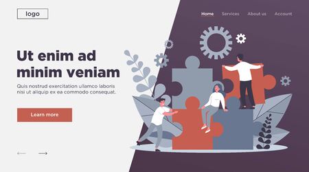 Business team constructing jigsaw solution. People connecting big pieces of puzzle. Vector illustration for community, merger, discovery, teamwork conceptのイラスト素材