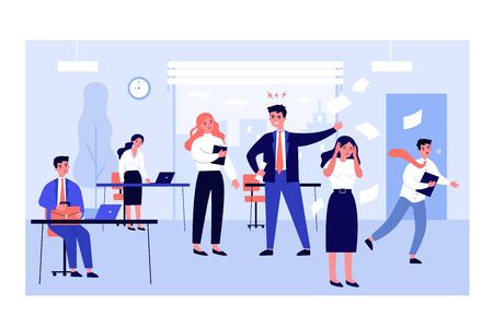 Deadline failure and office chaos concept. Angry furious boss shouting at employees, throwing papers, puzzled office workers in hurry and panic. Flat vector illustrationのイラスト素材