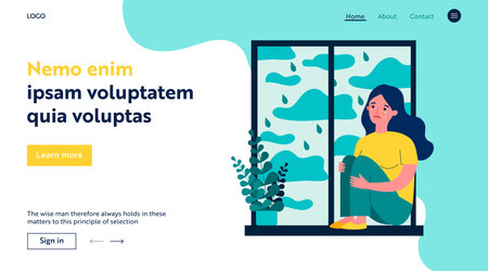 Sad unhappy girl crying at home. Depressed young woman sitting on window sill, embracing knees. Vector illustration for mental disorder, depression, illness conceptのイラスト素材