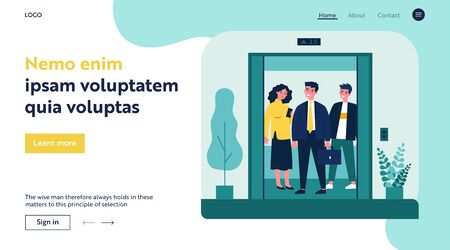 Positive people standing on elevator cab. Men and woman standing inside lift cabin with open doors. Vector illustration for architecture, transportation, technology conceptのイラスト素材