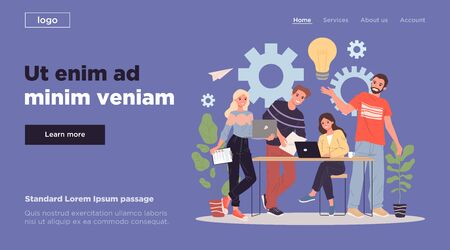 Creative business team brainstorming. Professionals with laptops, bulbs, gears working together flat illustration. Teamwork, cooperation concept for banner, website design or landing web pageの写真素材