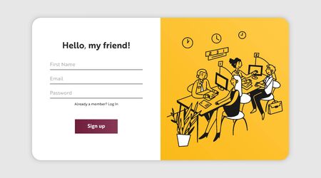 Sign up page with bank managers and clients. People consulting bank employees in office hall flat illustration. Finance, service, business concept for banner, website design or landing web pageの写真素材