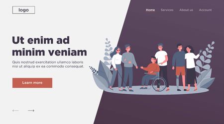 Volunteers helping disabled people. Group of men and women with special needs, on wheelchair, with prosthesis. Vector illustration for support, diversity, disability, lifestyle conceptのイラスト素材